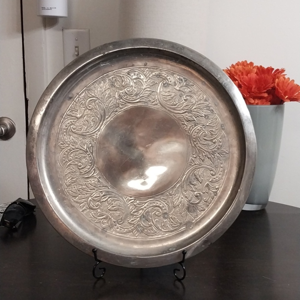 Antique Silver Plated Engraved Decorative Metal Serving Tray-17"
